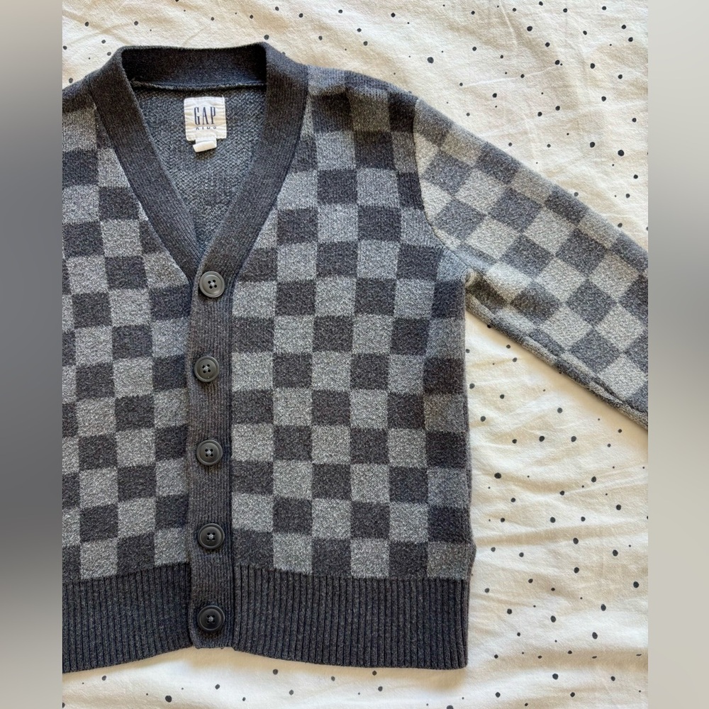 GAP Boy’s Black and Gray Checkered Cardigan